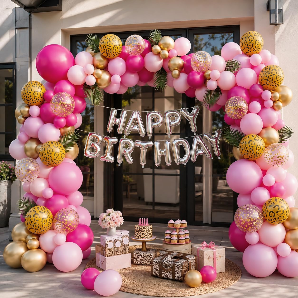 Hot Pink Cheetah Print Balloon Arch Kit, Pink Gold Balloons Garland