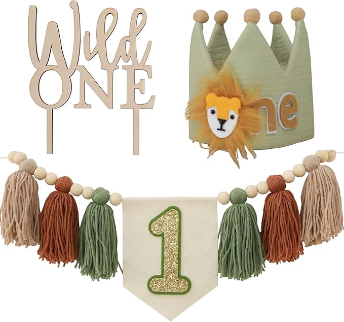 Wild One 1st Highchair Wood Bead Tassel Garland Lion Crown Hat