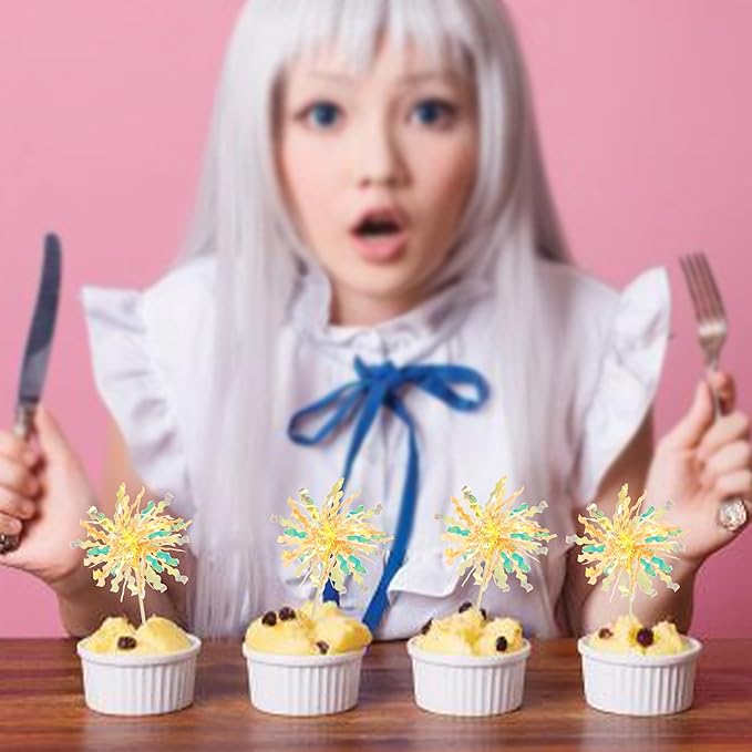 Gyufise 20Pcs Foil Firework Cupcake Toppers Happy Birthday Cake
