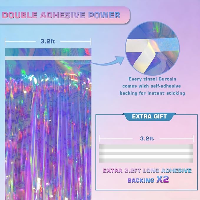 Iridescent Clear Tinsel Curtain Backdrop, 3.28 x 8ft Extra Long