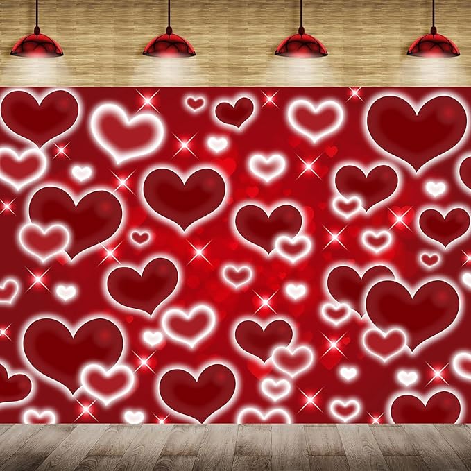 Red Heart Photo Backdrop Valentines Decorations 10x8FT Early 2000s