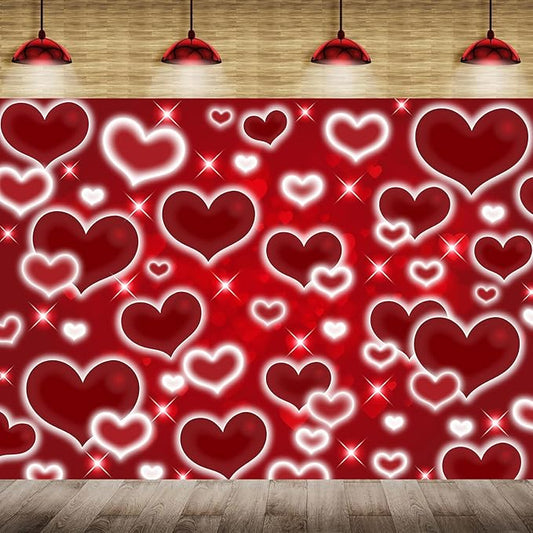 Red Heart Photo Backdrop Valentines Decorations 10x8FT Early 2000s