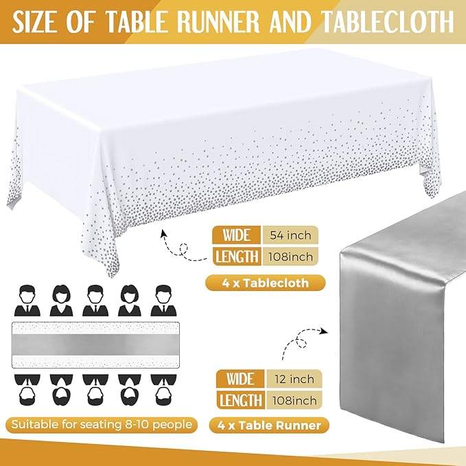 Breling 8 Pack White and Silver Disposable Plastic Tablecloths and