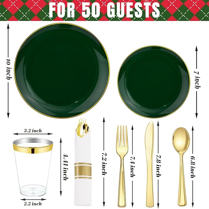 KIRE 350PCS Green Plates Disposable - Heavy Duty Green and Gold