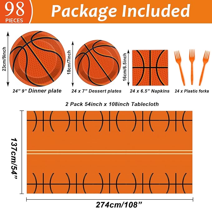 98 Pieces Basketball Party Decorations Basketball Tableware Set