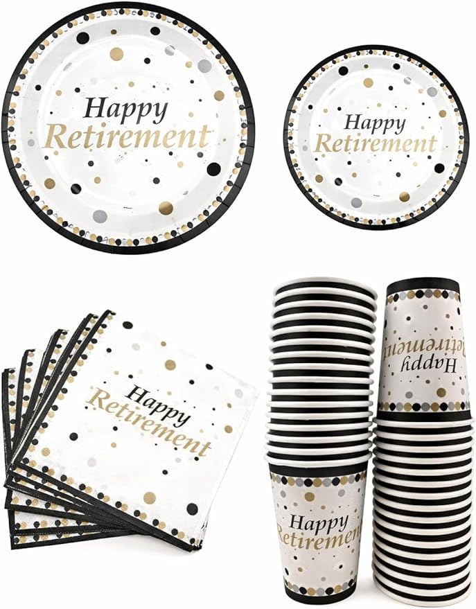 Serves 30 Happy Retirement Complete Party Pack 9 Dinner Paper Plates