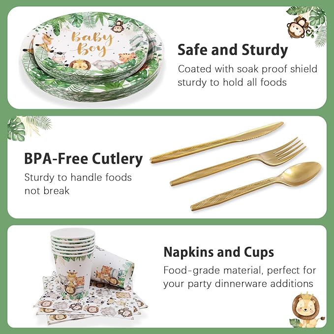 175Pcs Safari Baby Shower Decorations Plates Set Jungle Theme Zoo