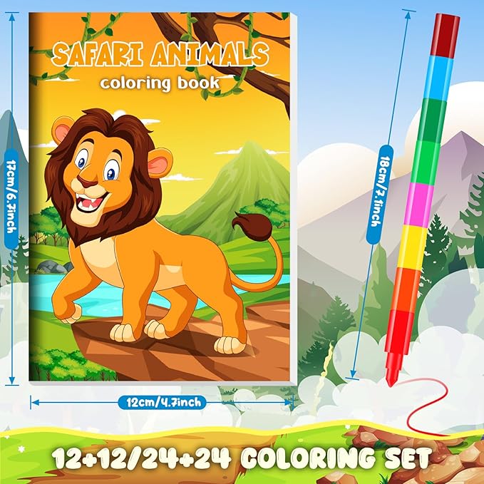 12 Jungle Safari Mini Coloring Books Kids with 12 Stacking Crayons
