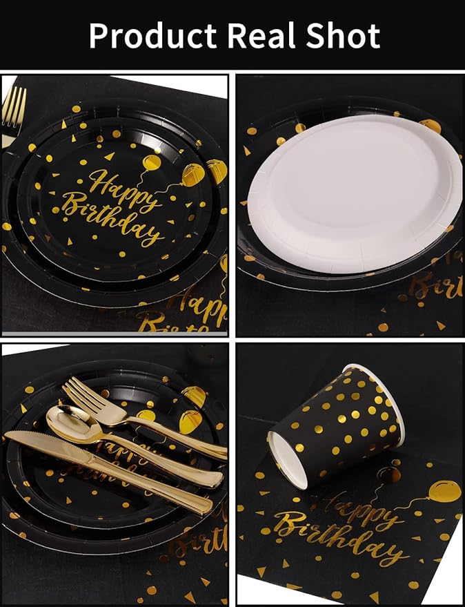 Birthday Party Tableware, 161 Pieces Black Gold Party Supplies, Party
