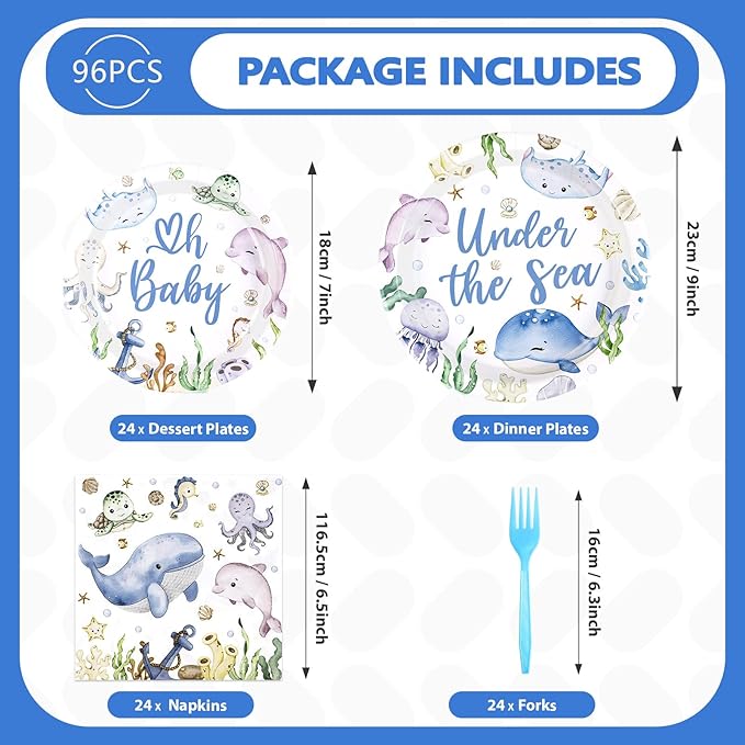 96Pcs Under The Sea Baby Shower Decorations Ocean Theme Party Plates