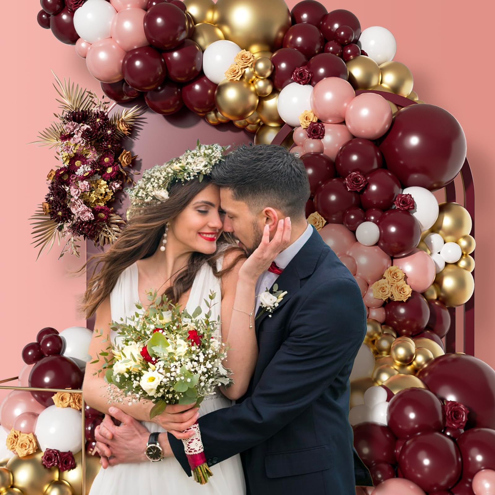 142pcs Burgundy Balloon Arch Garland Kit with Metallic Rose Gold
