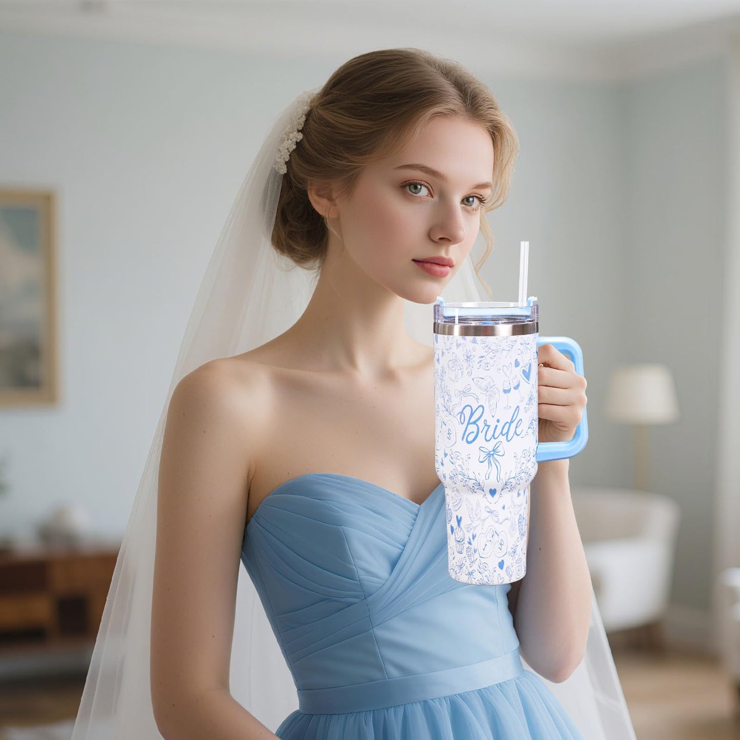 Whaline 40oz Bride Tumbler with Handle Straw and Lid Blue Bow Floral