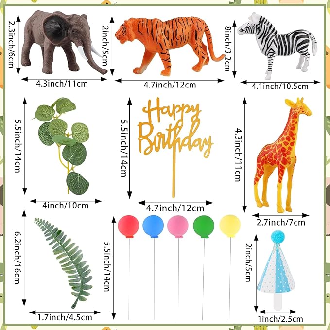 34 Pcs Safari Animal Cake Toppers with Mini Birthday Party Hats