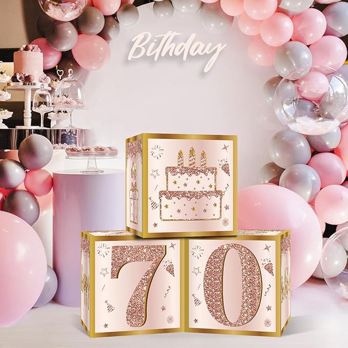 3Pcs 70th Birthday Decorations Boxes for Women Pink Rose Gold 70th
