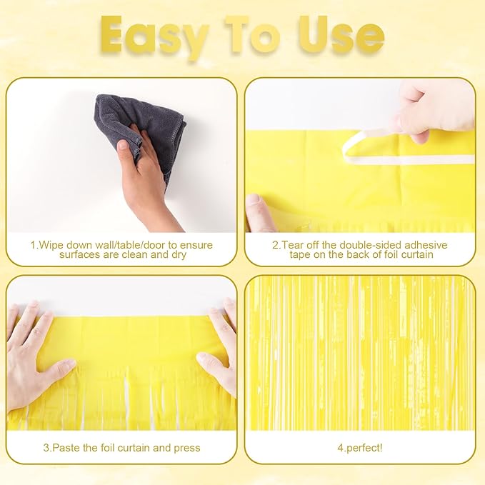 Voircoloria 3 Pack 3.3 x 8.2 ft Pastel Yellow Foil Fringe Backdrop