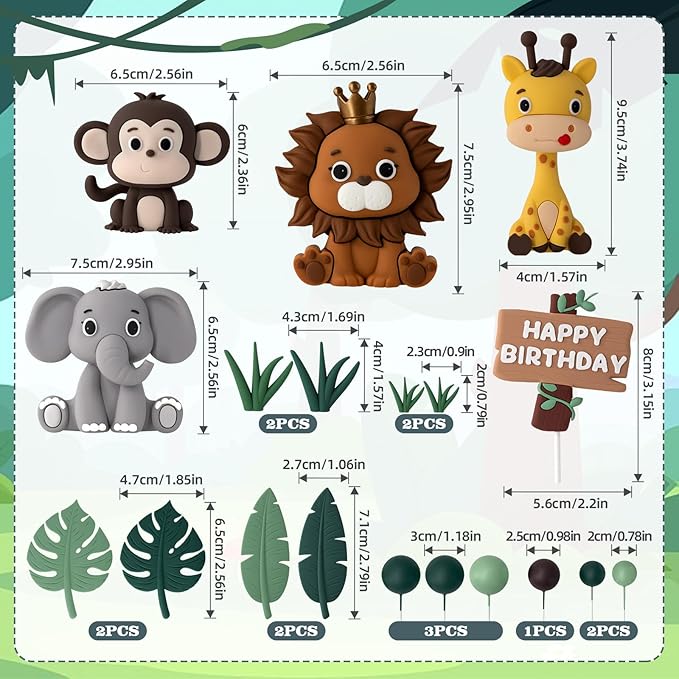 19pcs Safari Animal Cake Topper Jungle Wild Cake Toppers with Leaves