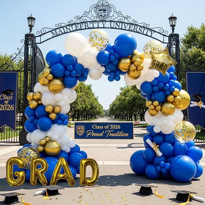 Graduation Balloon Arch Kit 128Pcs Blue White and Gold Balloon