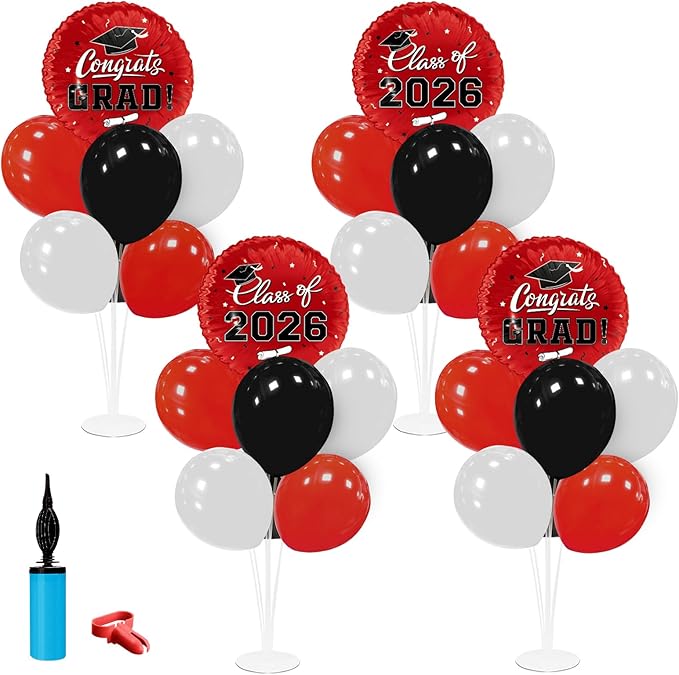Graduation Decorations - 4 Set Balloon Stands, Class of 2026 Congrats