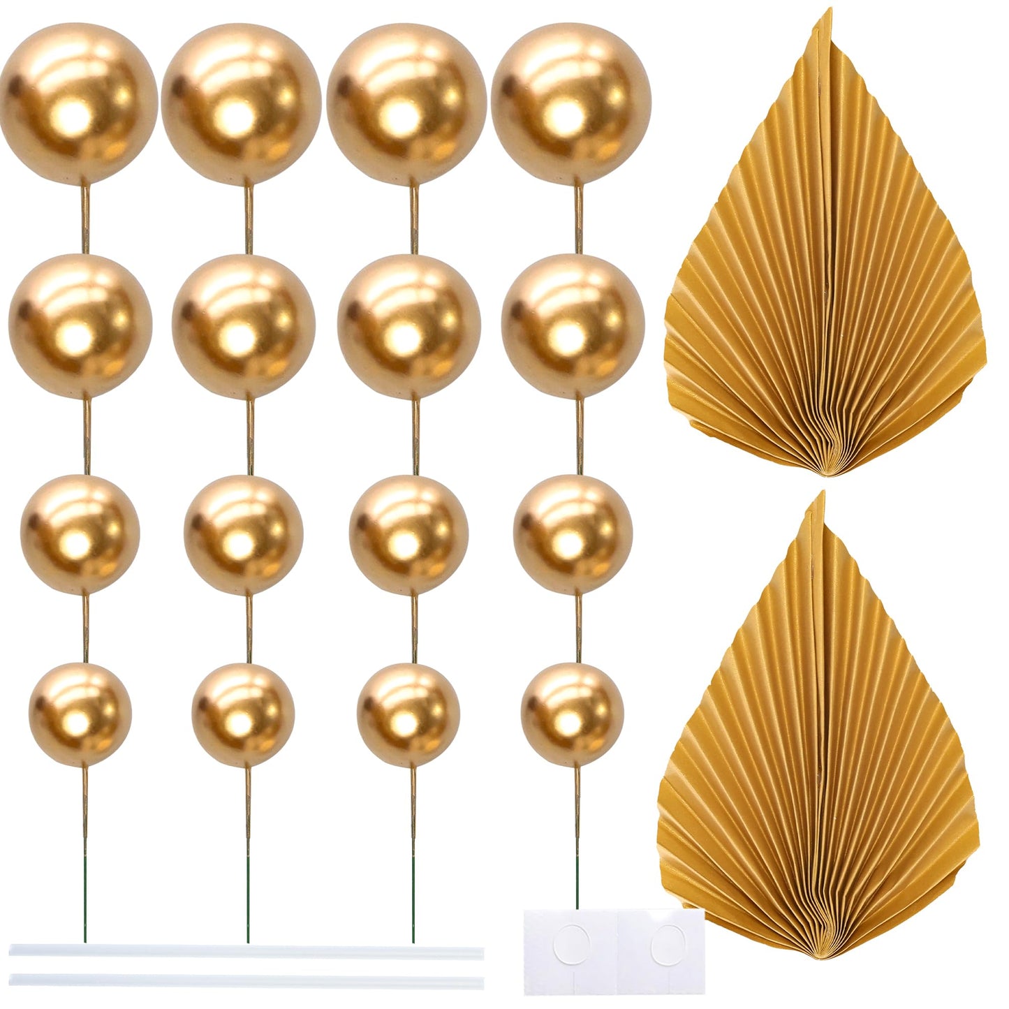Ephlyn 28Pcs Paper Palm Fan Cake Topper Balls Cake Pick for Baby Gold