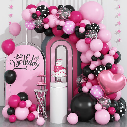 Pink Black Balloon Arch Kit, Pastel Hot Pink Black Dot Balloons