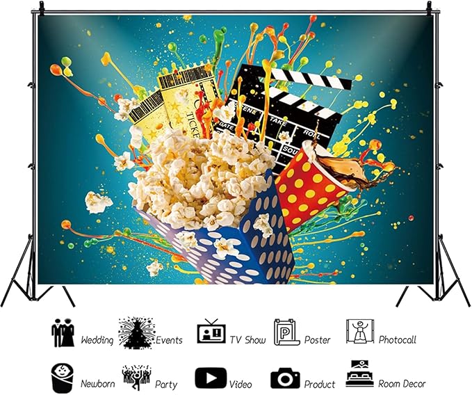 10x5ft Movie Night Party Backdrop for Photo Tickets Popcorn Movie