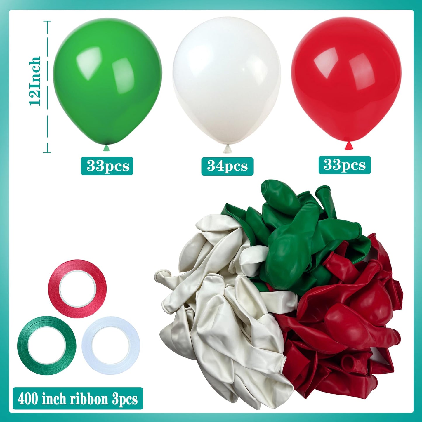 KADBANER White Red Green Balloons,100 Pack 12 Inch Latex Balloons,for