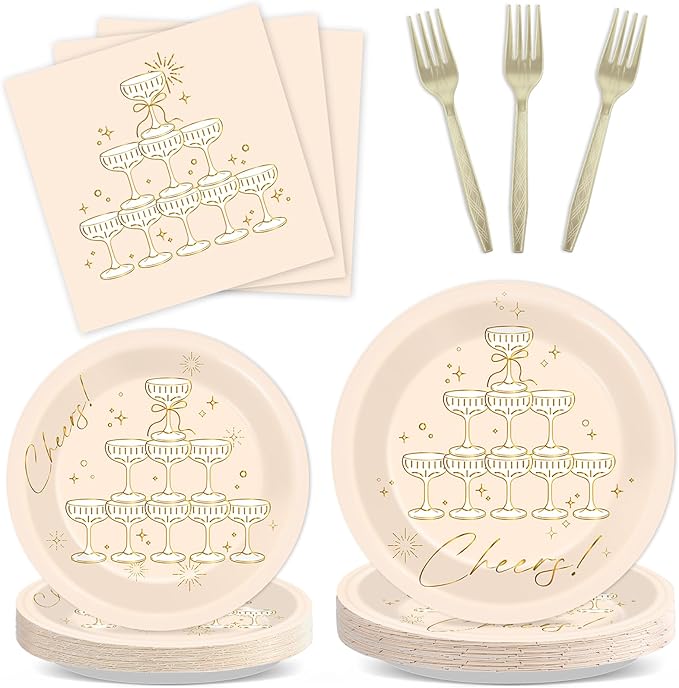 96PCS Champagne Tower Birthday Paper Plates Napkins Bachelorette