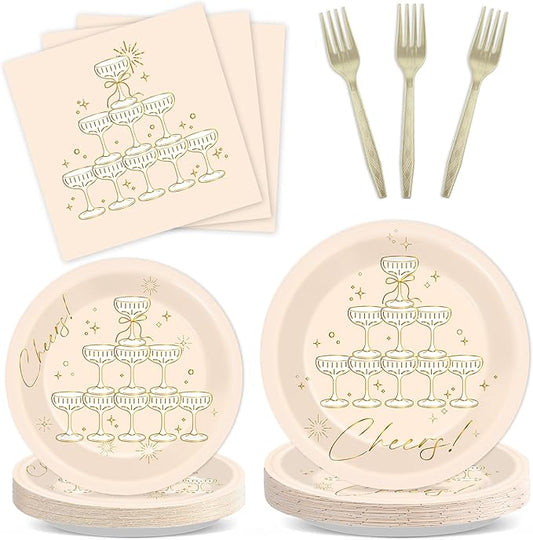 96PCS Champagne Tower Birthday Paper Plates Napkins Bachelorette