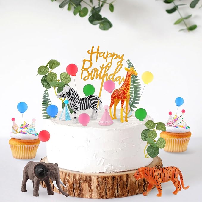 34 Pcs Safari Animal Cake Toppers with Mini Birthday Party Hats
