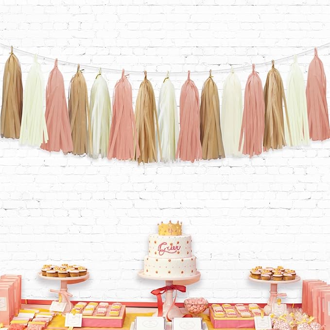 Retro Pink Tassel Garland for Boho Baby Shower Decorations Blush