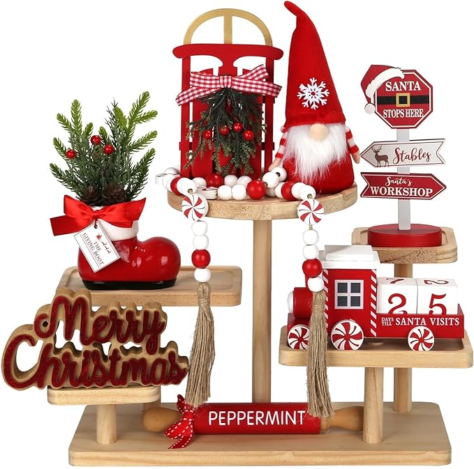 Christmas Decorations 8 PCS Tiered Tray Decor Set Cute Tabletop