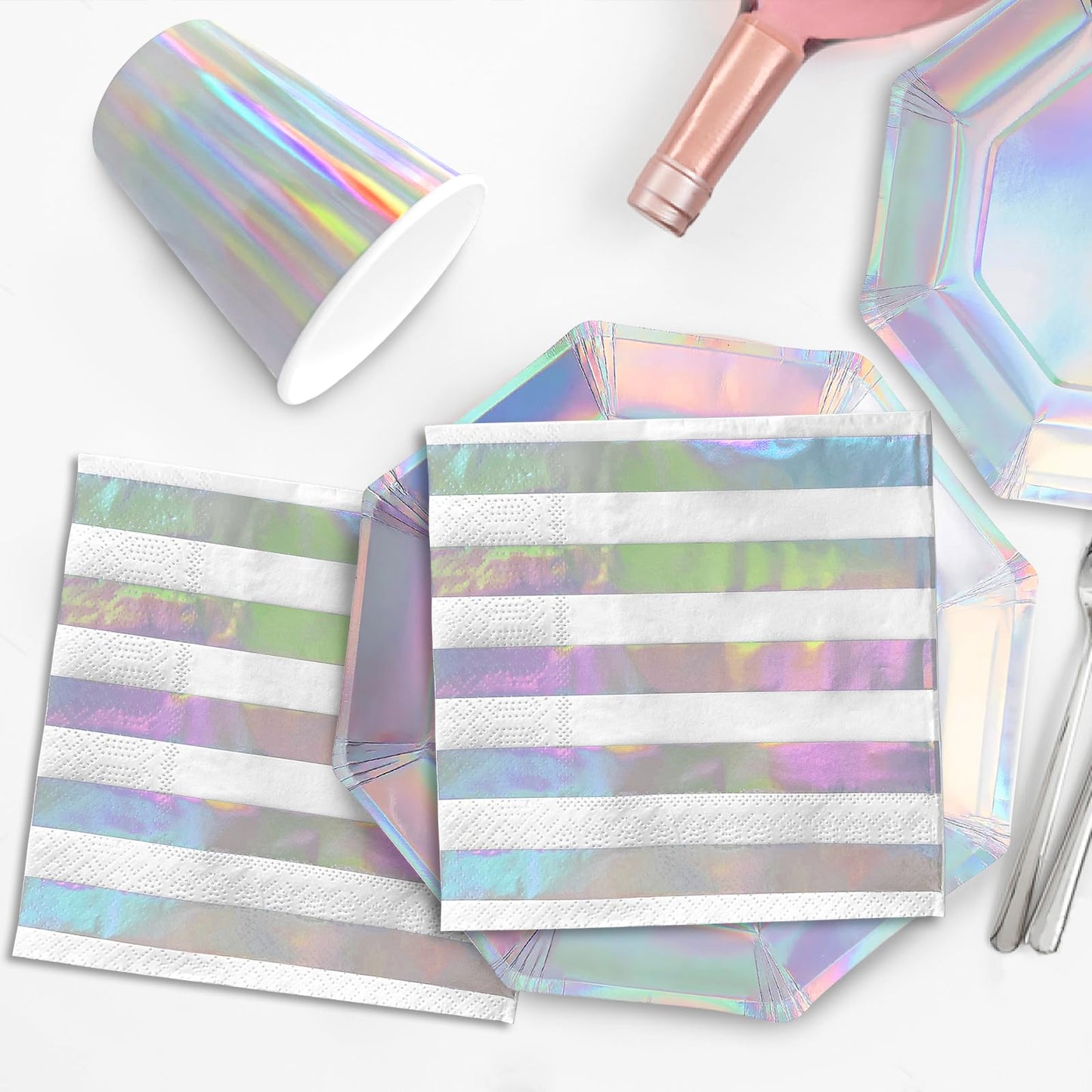 Iridescent Party Supplies - Disposable Paper Plates, Cups and Napkins