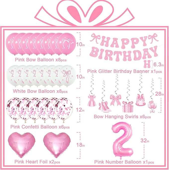 2nd Birthday Decorations for Baby Girls Pink Bow Coquette 2 Birthday