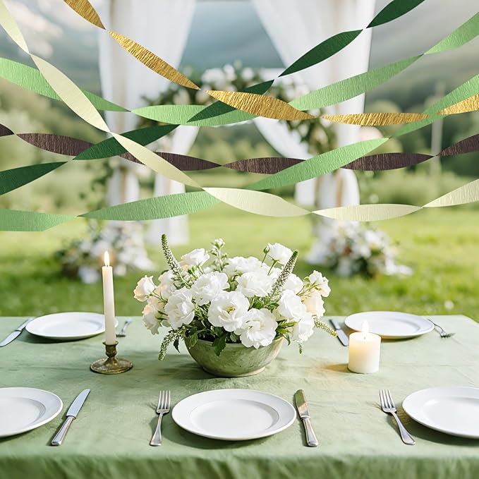 AOYOO 5 Rolls Crepe Paper Streamers - Sage Olive Green, Gold & Ivory