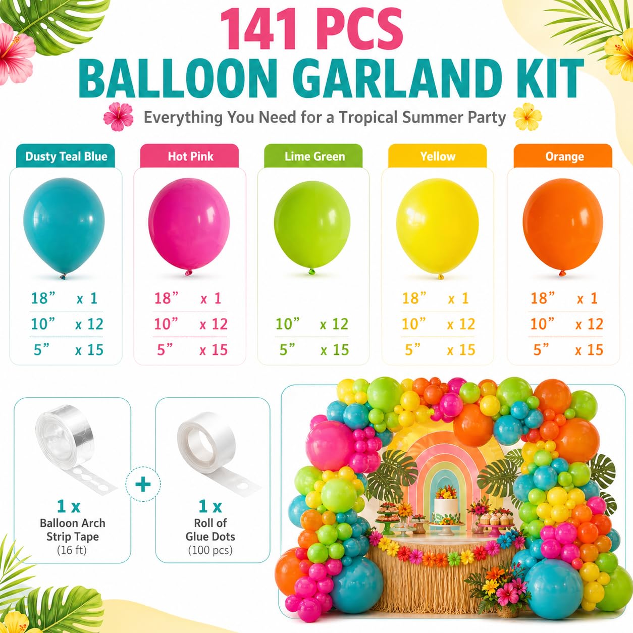 141 Pcs Rainbow Neon Balloon Arch Kit, Hot Pink Lime Green Orange