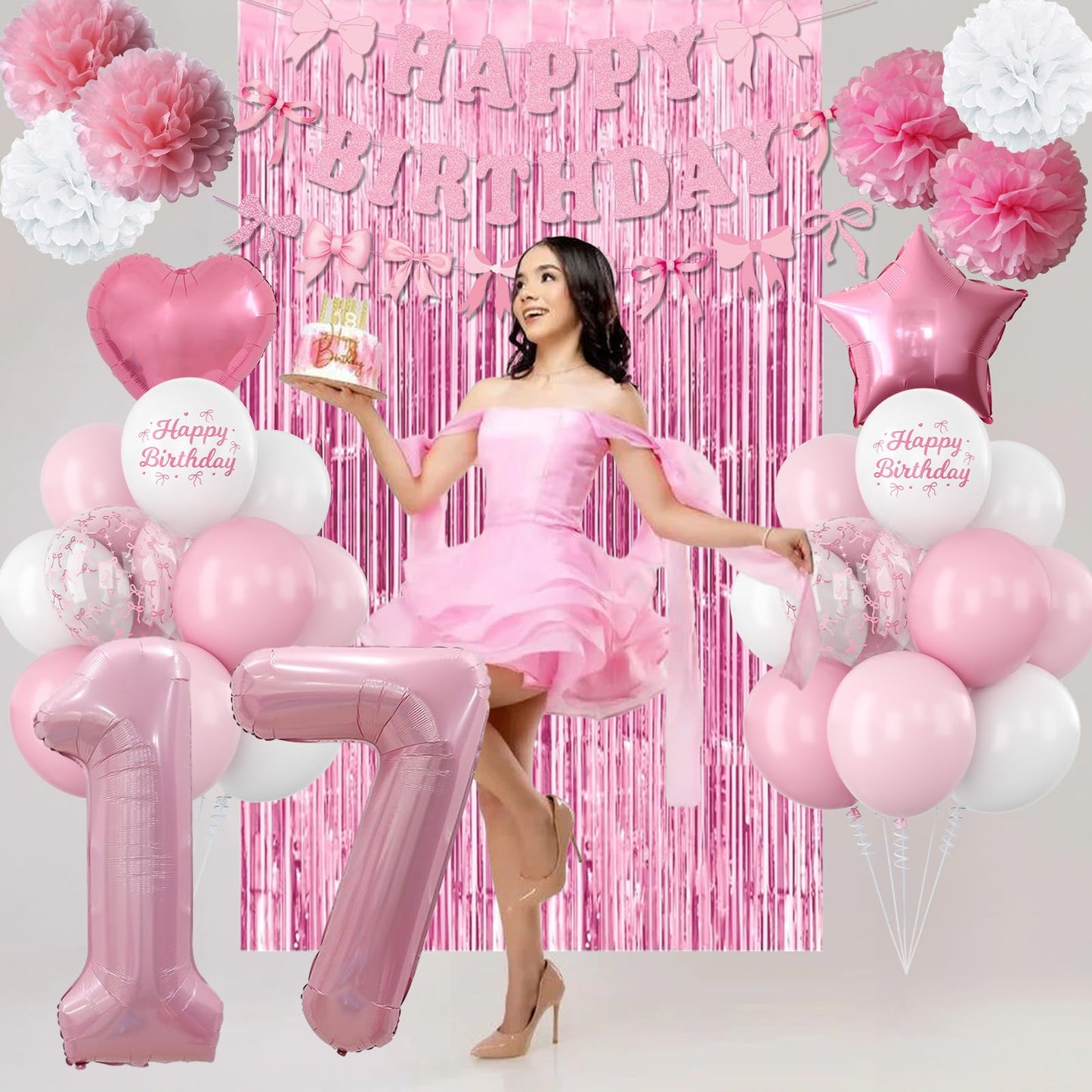 17th Birthday Decorations for Girls Pink Number 17 Balloon Bow