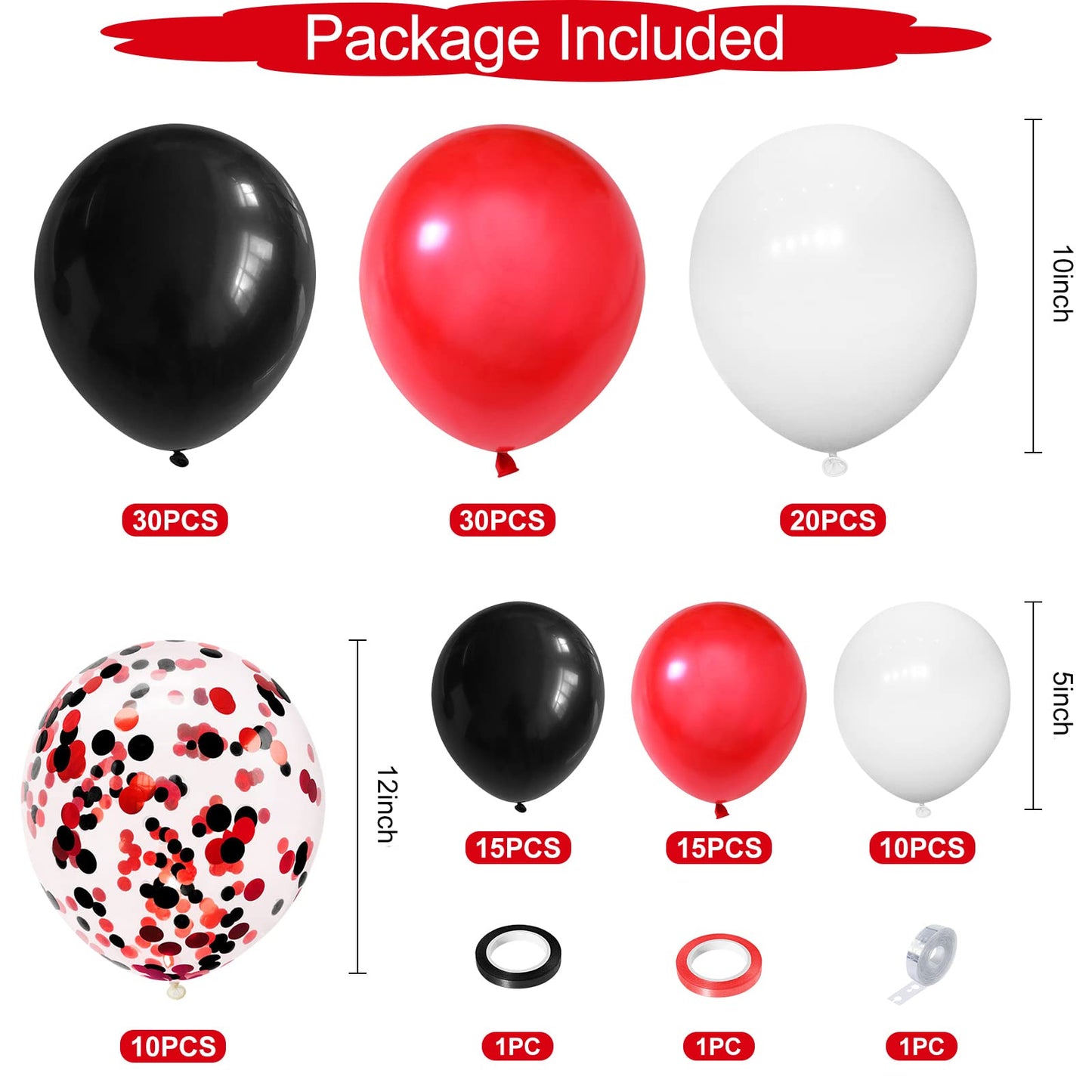 130PCS Red Black White Balloon Garland Arch Kit, 12 10 5 inch Red and