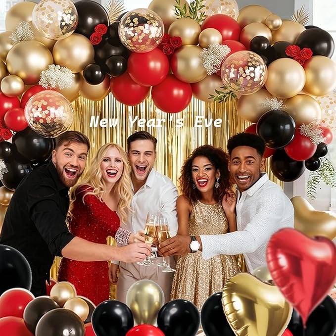 157Pcs Red Black Gold Balloons Garland Arch Kit with Glitter Fringe