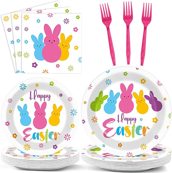 96Pcs Easter Bunny Peeps Party Plates and Napkin Party Supplies