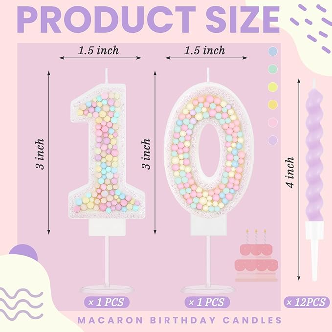 MTLEE Number 10 Birthday Candle with 12 Pcs Spiral Candles for Girls