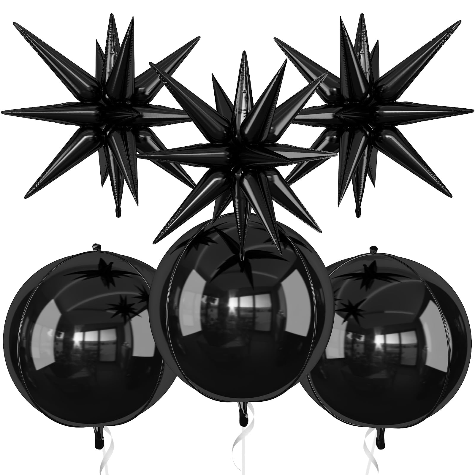 6Pcs Black Foil Balloons,22Inch Black 4D Round Ball Balloon and