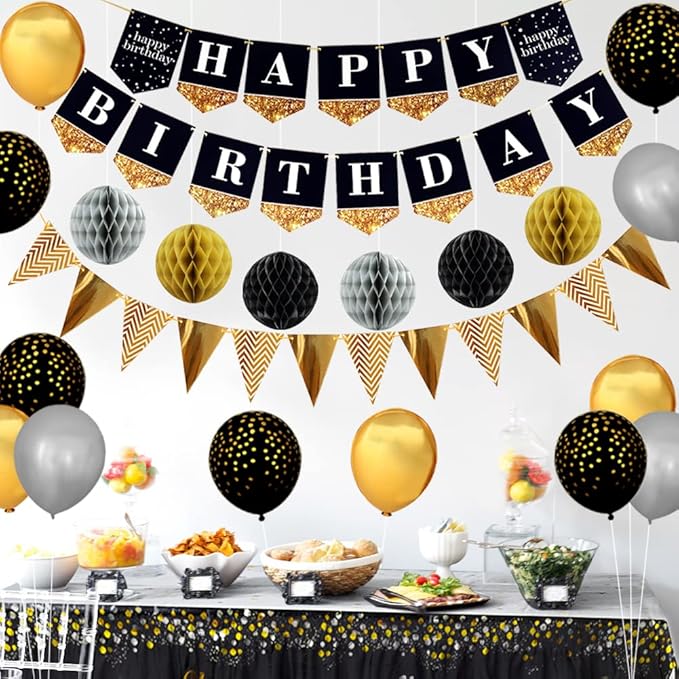 Black & Gold Party Decorations Happy Birthday Banner Balloons