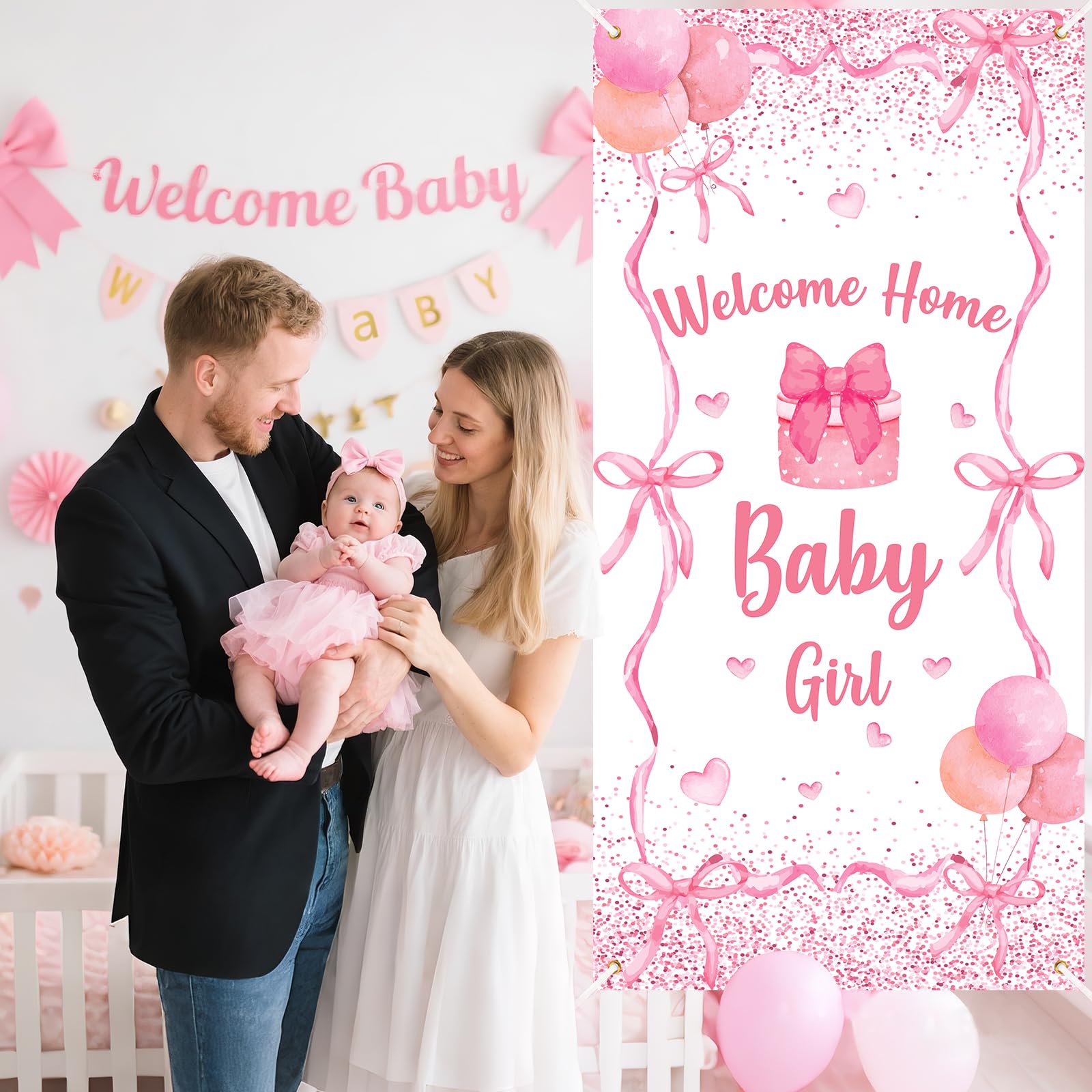Welcome Home Baby Girl Banner Decorations Pink Bow Baby Shower