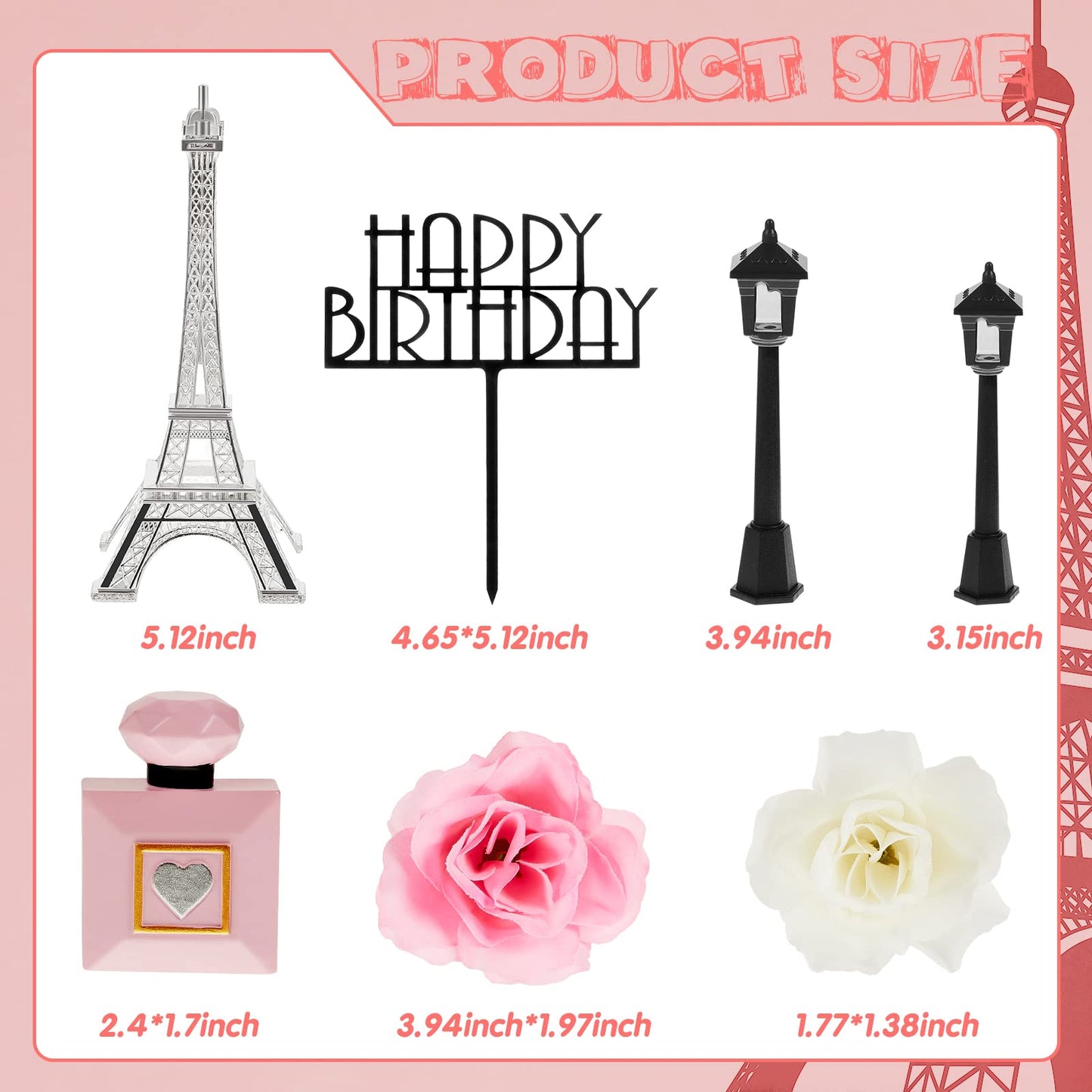 8 Pcs Paris Eiffel Tower Cake Topper Set, 7 Inch Romantic Decor with