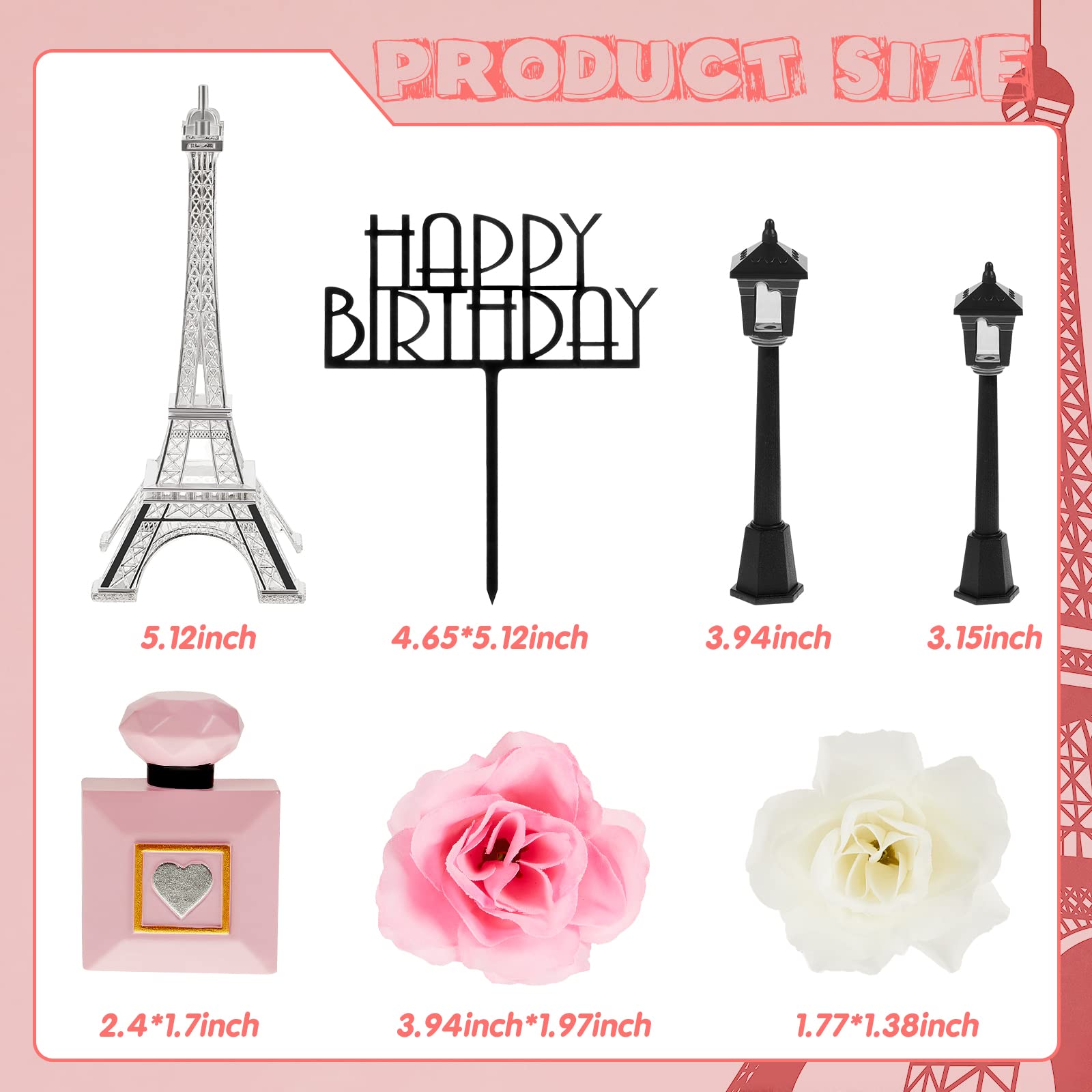 8 Pcs Paris Eiffel Tower Cake Topper Set, 7 Inch Romantic Decor with