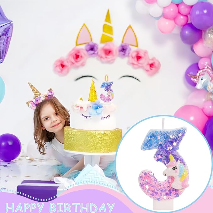 Unicorn Candle Number 3 Candle 3rd Birthday Decorations for Girls