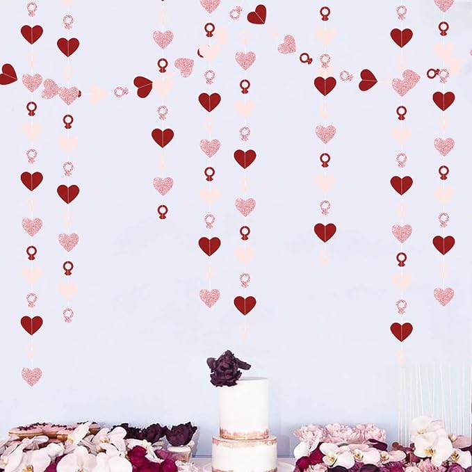 Rose-Gold Pink Burgundy-Red Heart-Ring Garland - 52Ft Engagement