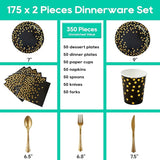 Black and Gold Party Supplies - 350 PCS Disposable Dinnerware Set -