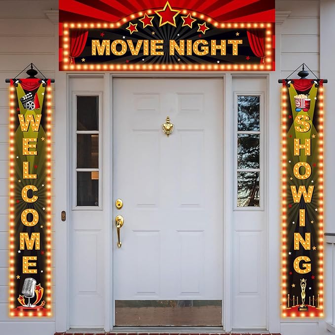 3 Pieces Light Movie Night Porch Sign Banner LED Movie Theme Party