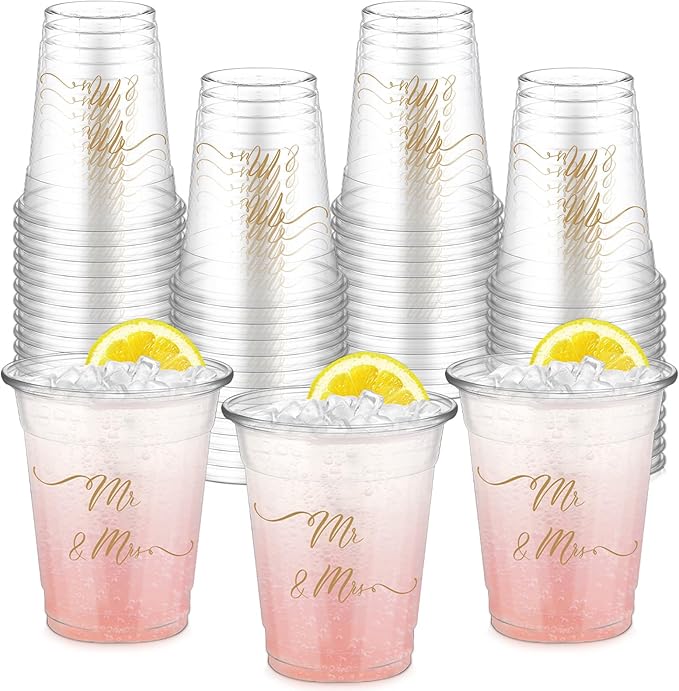 50 Pcs Mr and Mrs Cups 12 oz Plastic Wedding Cups Clear Engagement